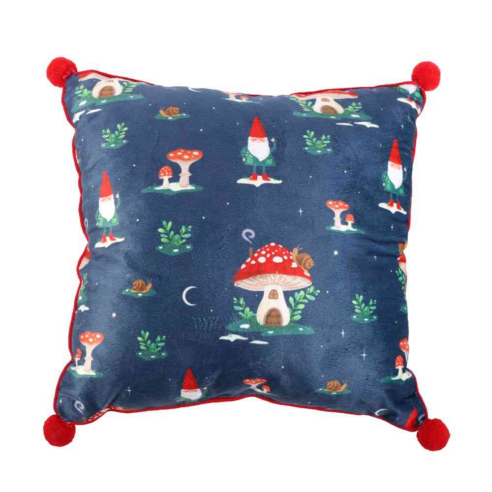 Something Different - 35cm Square Gnome Print with Pom Poms Cushion - Blue